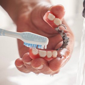 Hands brushing partial dentures at sink with running water