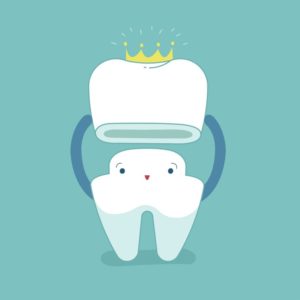A cartoon tooth receiving a dental crown.